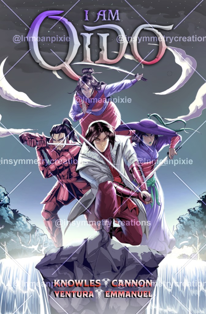 Watermarked main cover of leading characters for I Am Qido. Created by Gwenyth Ernst.