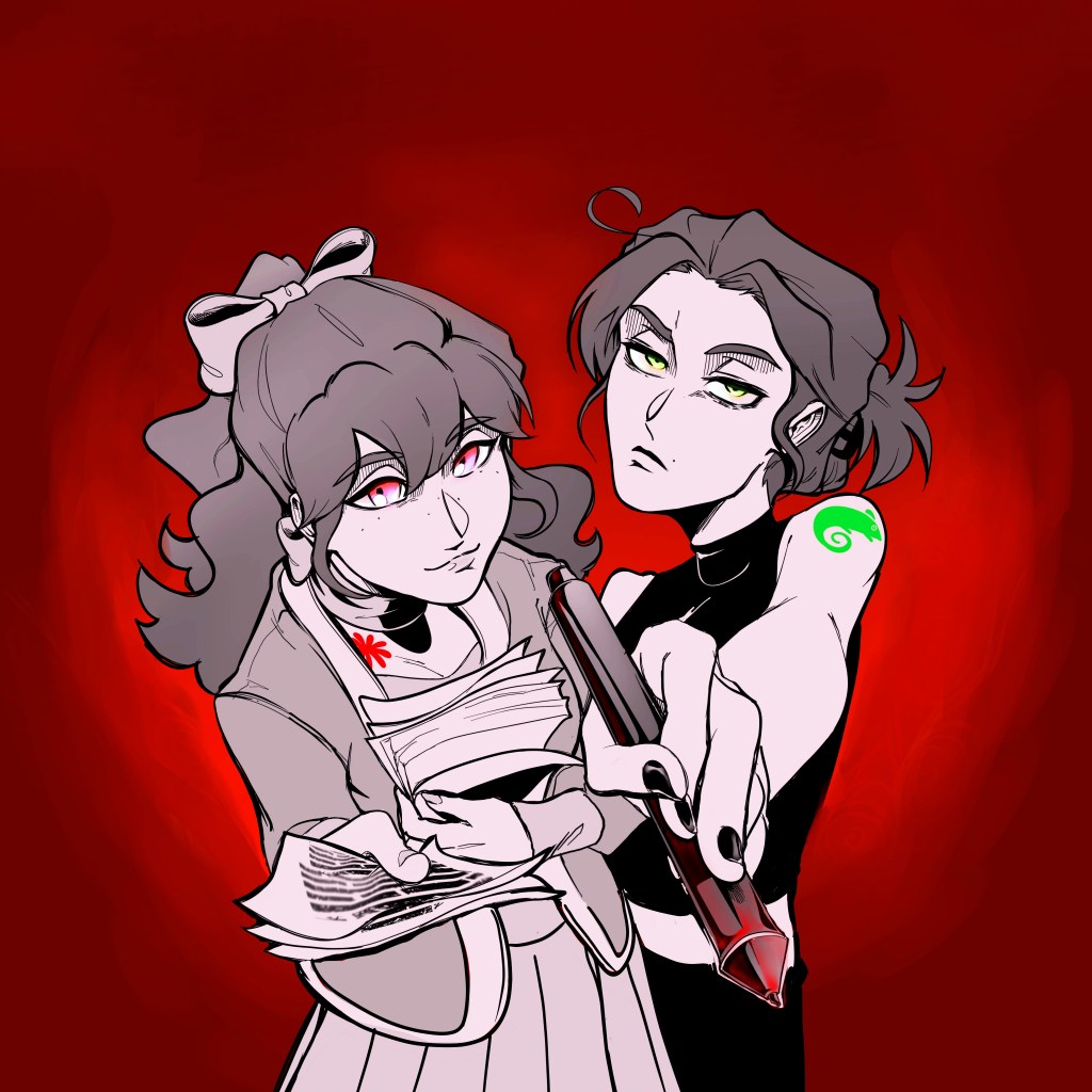 An illustration of Chesslyn Wright and Gwenyth Ernst. Chesslyn is holding pages of printed text, and Gwen is showing off her digital art pen.
